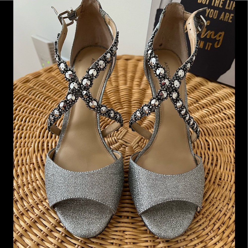 Antonio Melani silver heeled sandals ankle straps Crystal embellished